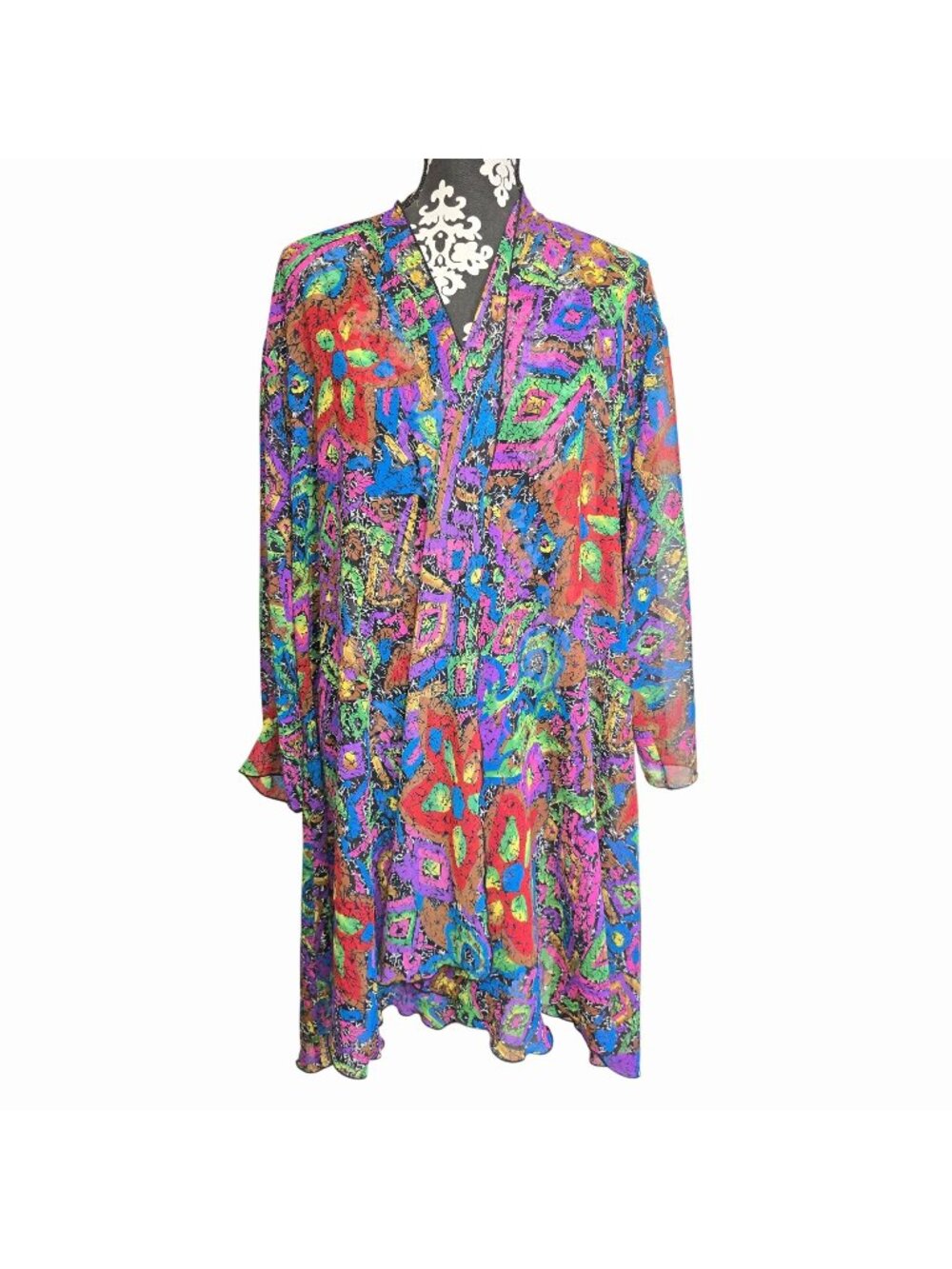 Brightly Colored Abstract Print Long Sleeve Duster Kimono Cardigan Size L/XL